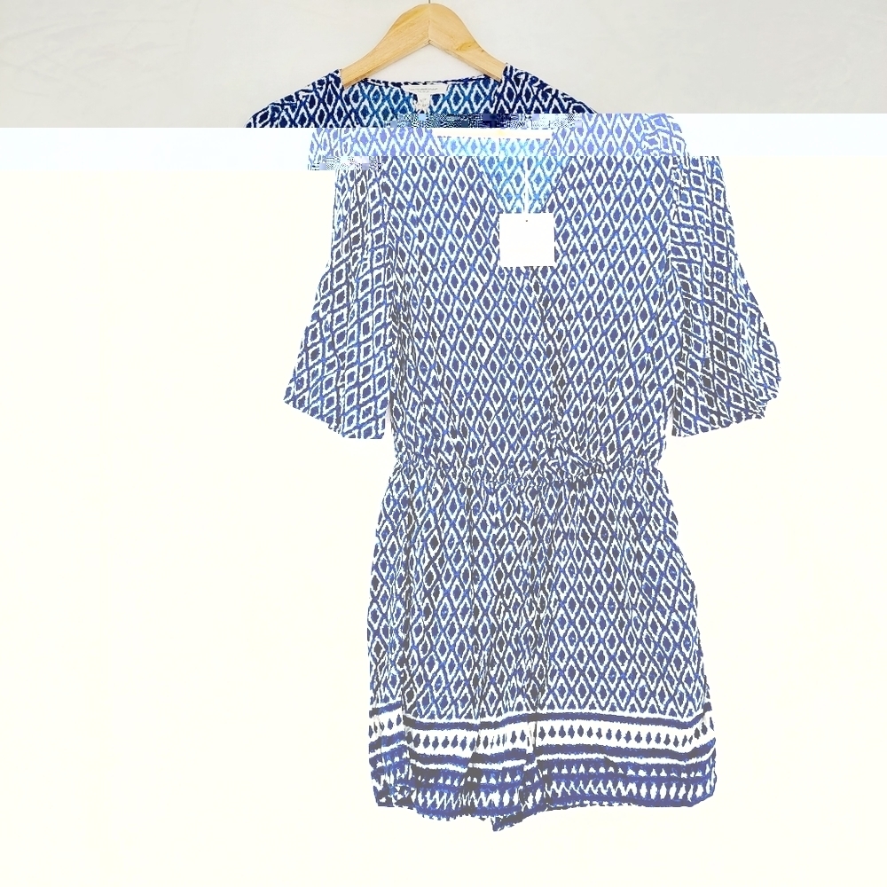 NEW Beach Lunch Lounge Samantha Blue Geometric Dark Indigo 3/4 Sleeve Romper